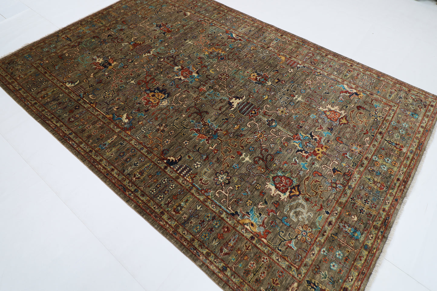 184 x 271 cm | Oriental Floral Gray Afghan Tribal Hand Knotted Wool Carpet