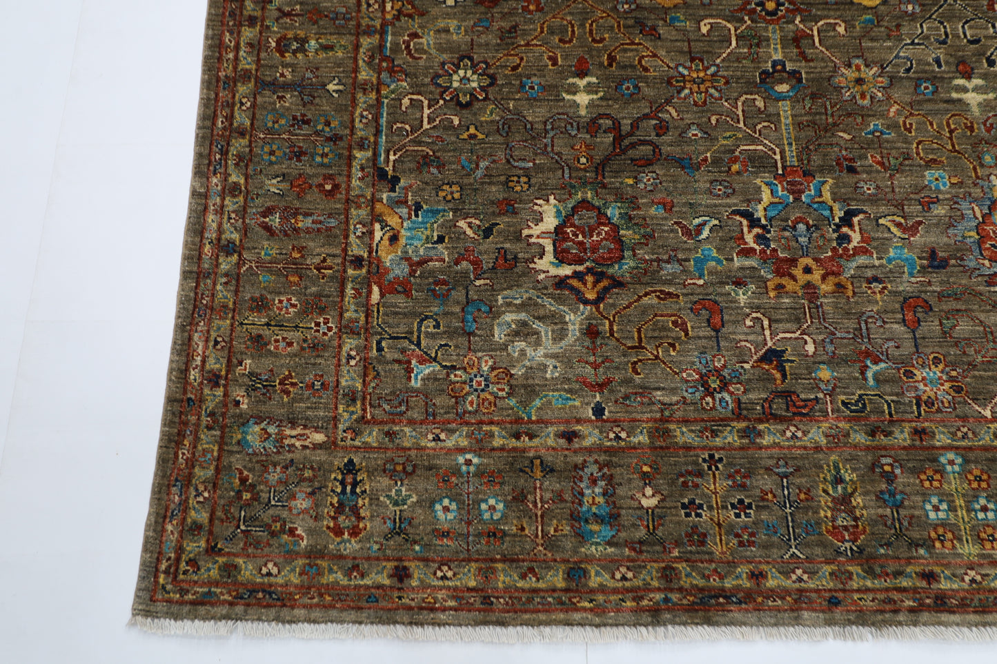 184 x 271 cm | Oriental Floral Gray Afghan Tribal Hand Knotted Wool Carpet