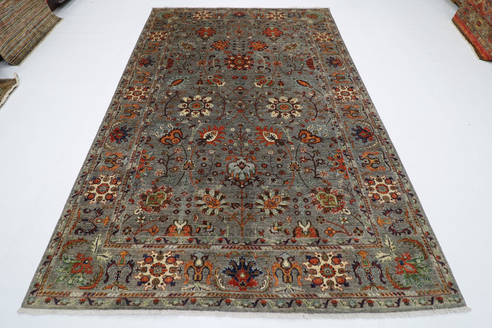 199 x 296 cm | Oriental Floral Gray Afghan Tribal Hand Knotted Wool Carpet