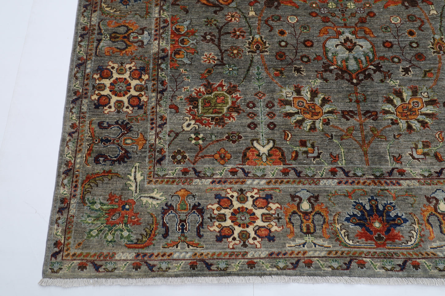 199 x 296 cm | Oriental Floral Gray Afghan Tribal Hand Knotted Wool Carpet
