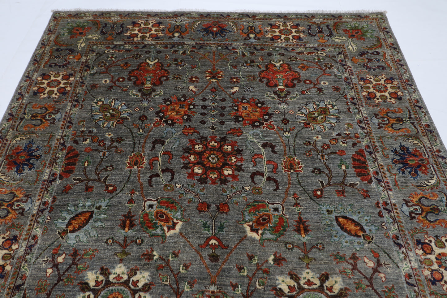 199 x 296 cm | Oriental Floral Gray Afghan Tribal Hand Knotted Wool Carpet