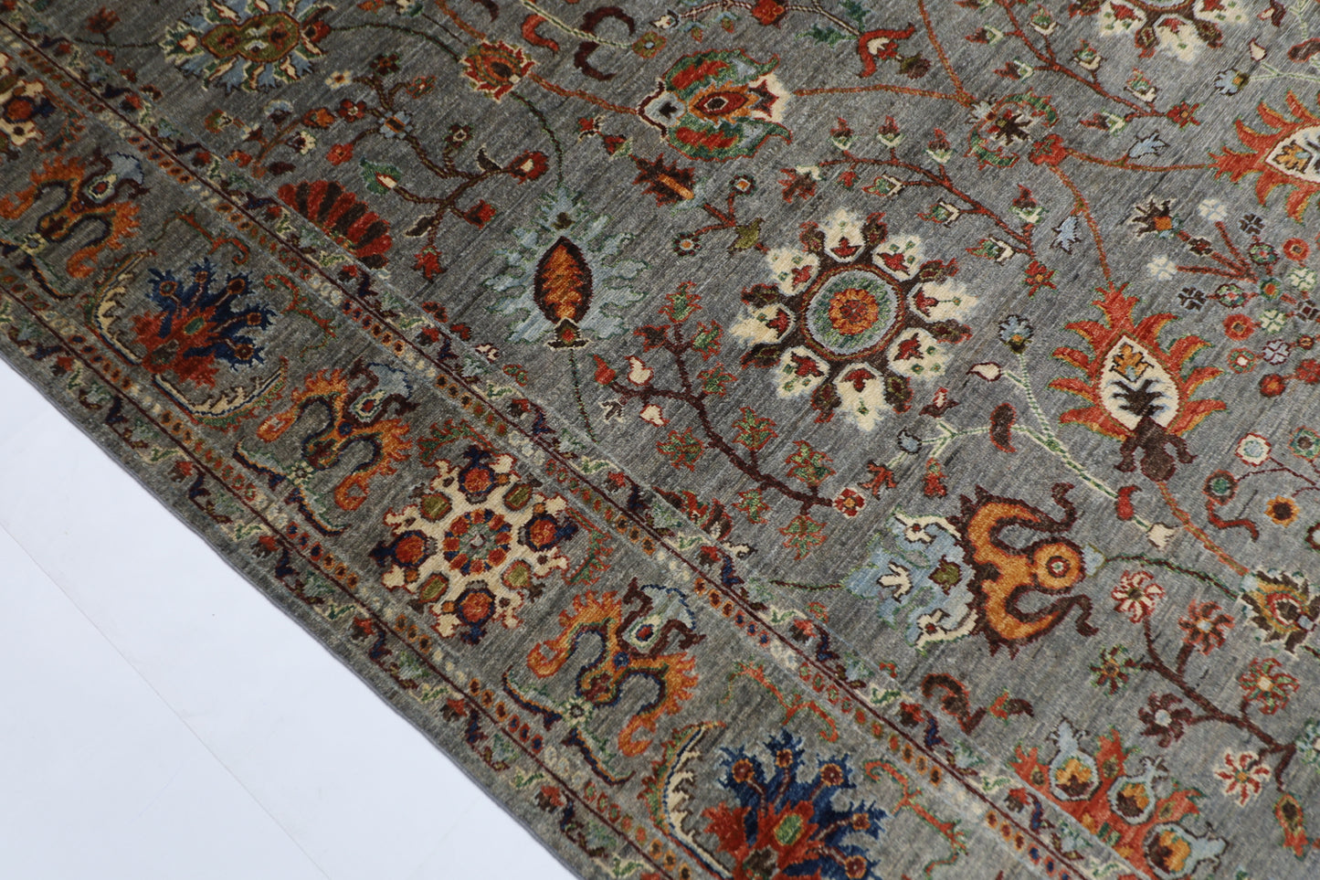 199 x 296 cm | Oriental Floral Gray Afghan Tribal Hand Knotted Wool Carpet