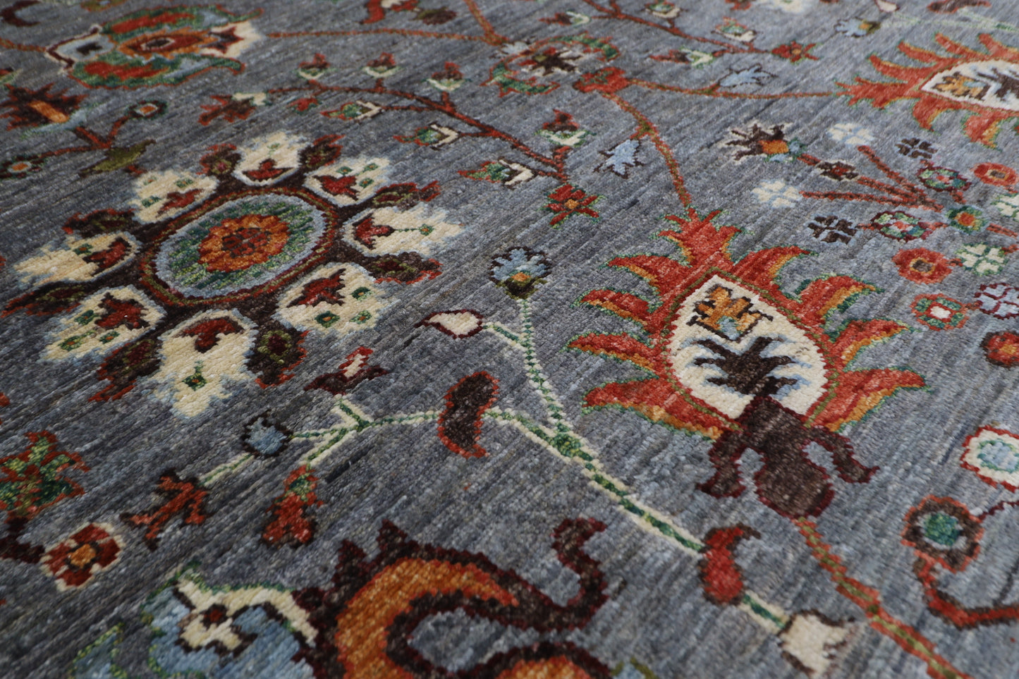 199 x 296 cm | Oriental Floral Gray Afghan Tribal Hand Knotted Wool Carpet