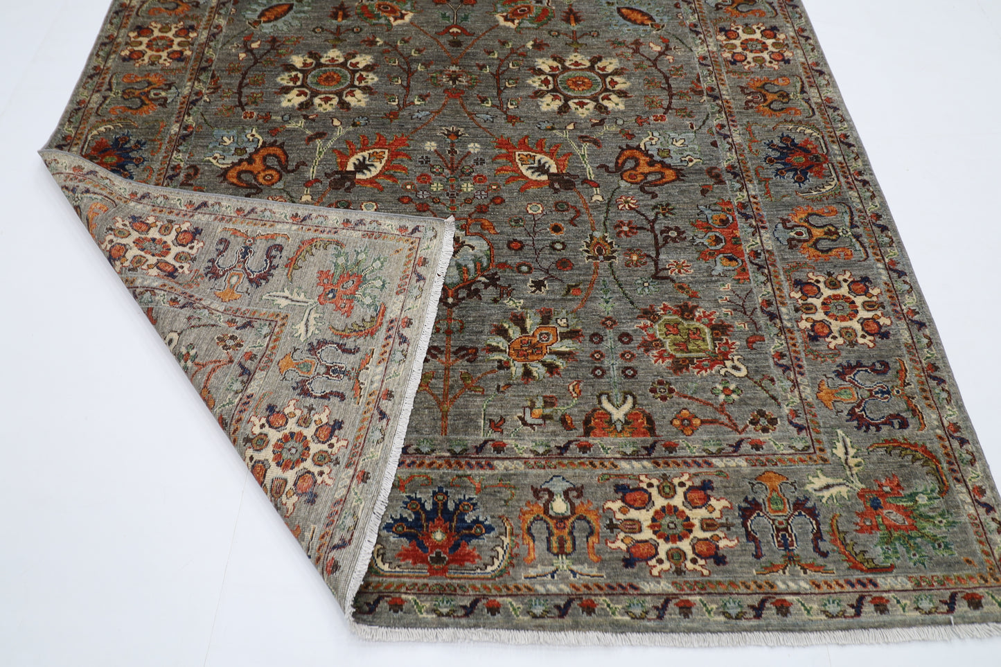 199 x 296 cm | Oriental Floral Gray Afghan Tribal Hand Knotted Wool Carpet