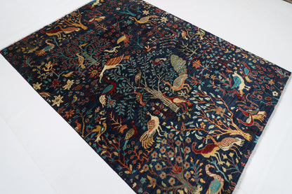 170 x 238 cm | Oriental Birds Navy Blue Afghan Tribal Hand Knotted Wool Carpet