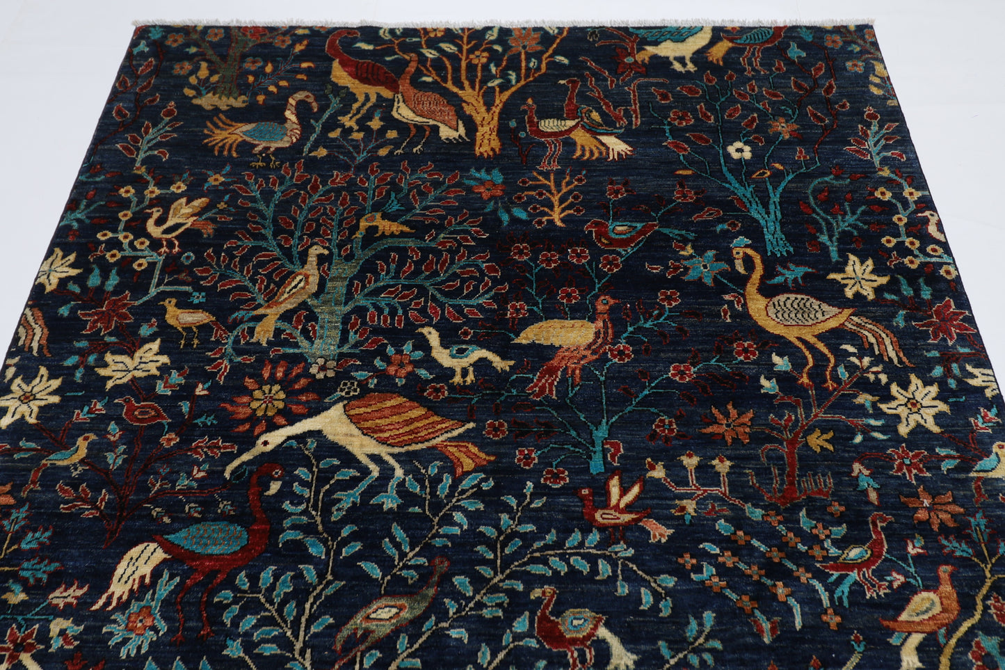 170 x 238 cm | Oriental Birds Navy Blue Afghan Tribal Hand Knotted Wool Carpet