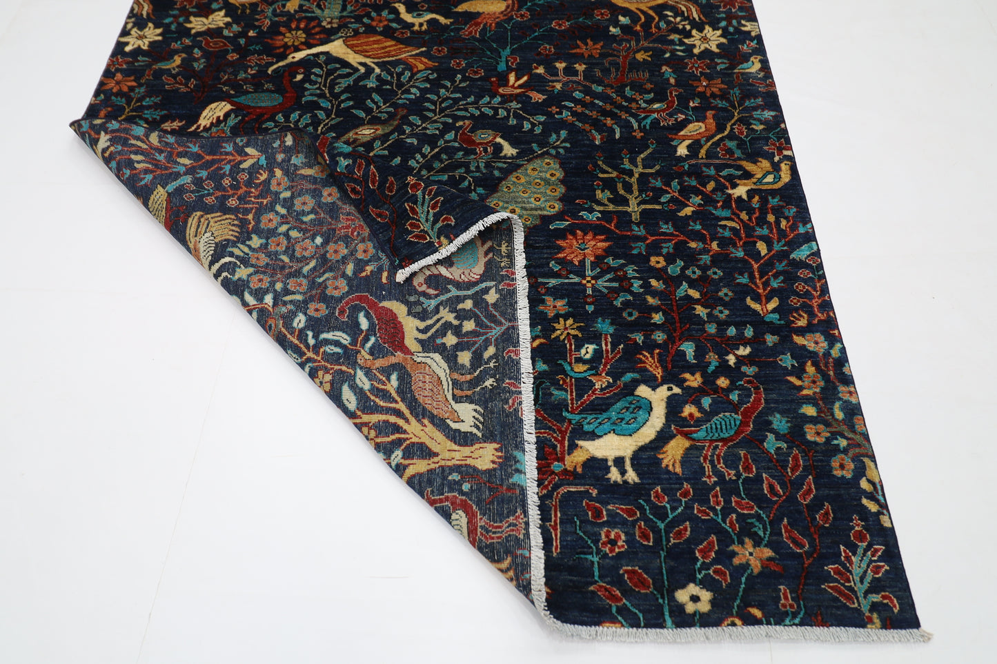170 x 238 cm | Oriental Birds Navy Blue Afghan Tribal Hand Knotted Wool Carpet