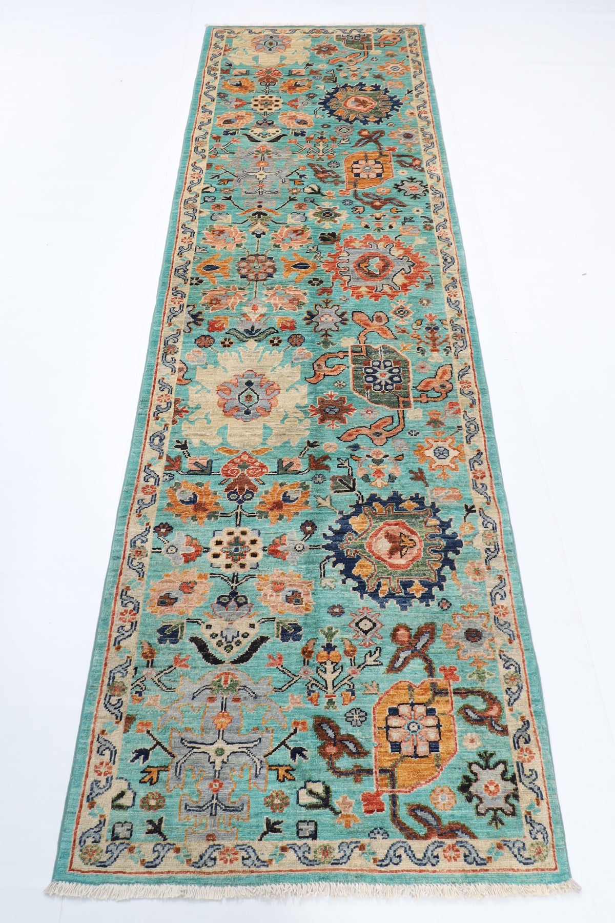 89 x 292 cm | 2'11 x 9'7 Ft Turquoise Afghan Carpet