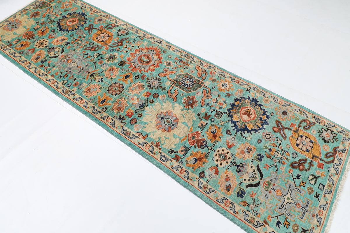 89 x 292 cm | 2'11 x 9'7 Ft Turquoise Afghan Carpet