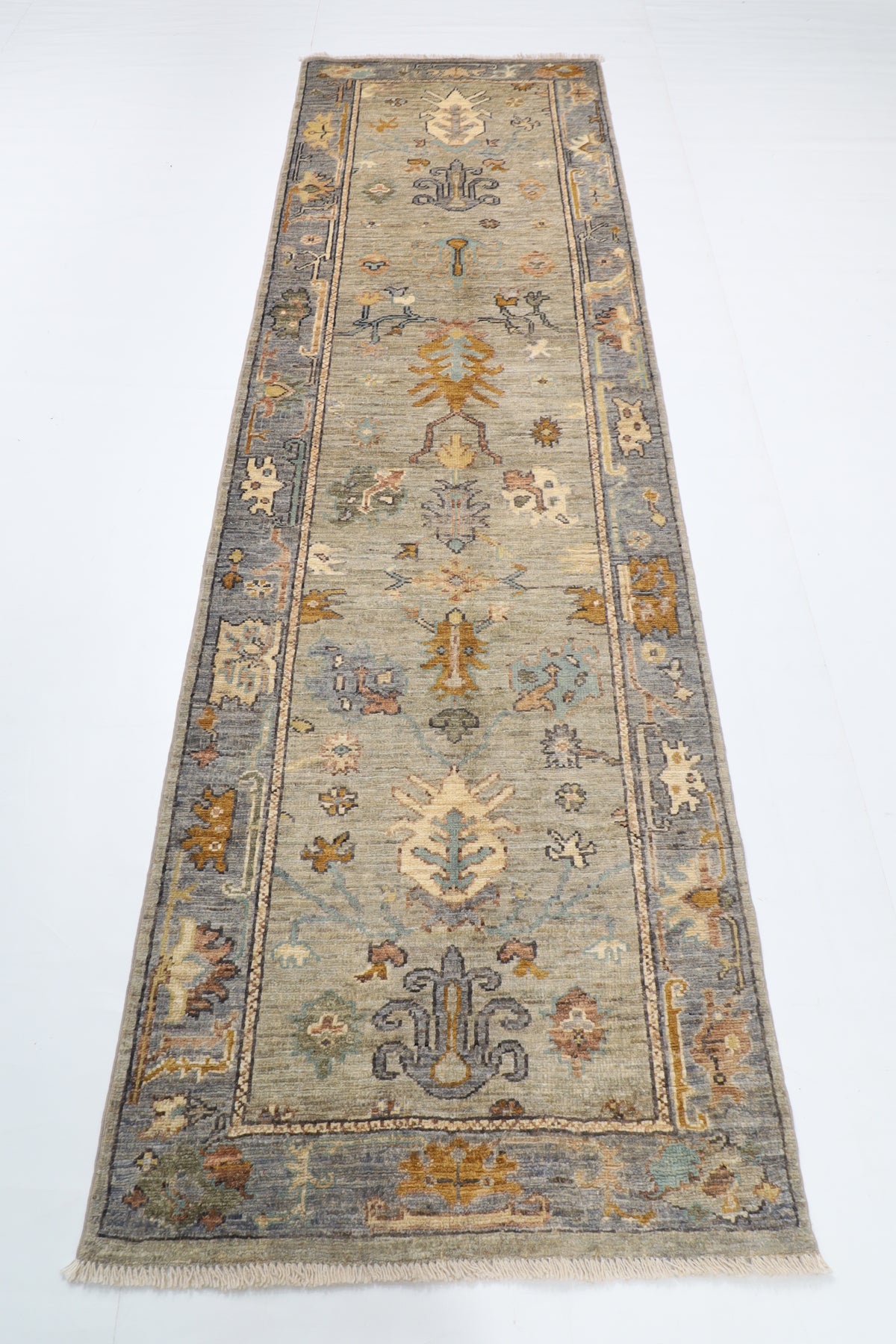 85 x 285 cm | Hand Knotted Runner Gray Oushak Afghan Carpet