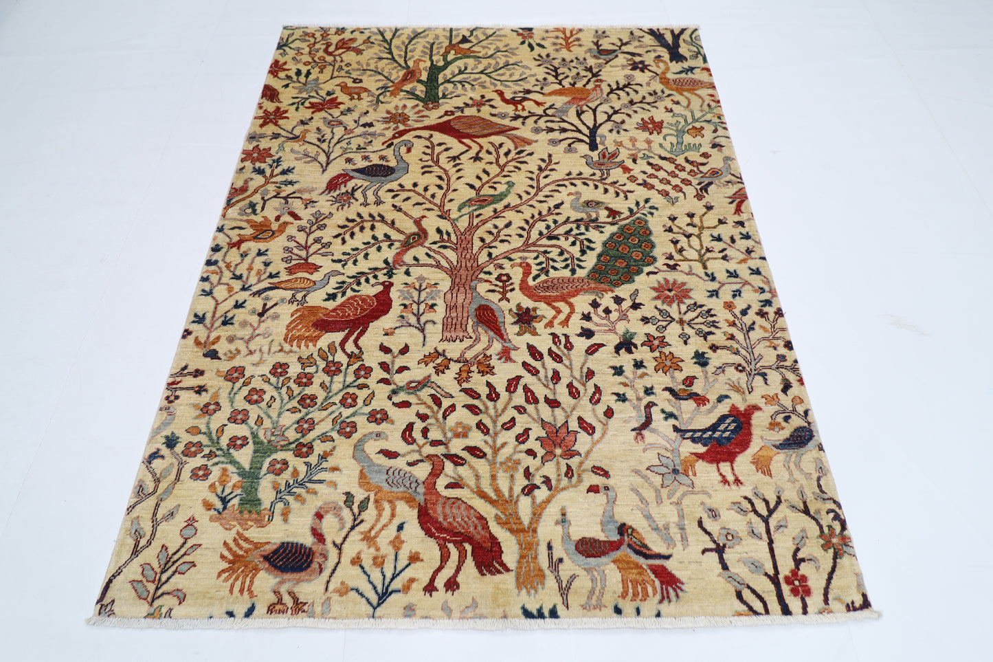 156 x 197 cm | Oriental Birds beige Afghan Tribal Hand Knotted Wool Carpet