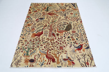 156 x 197 cm | Oriental Birds beige Afghan Tribal Hand Knotted Wool Carpet
