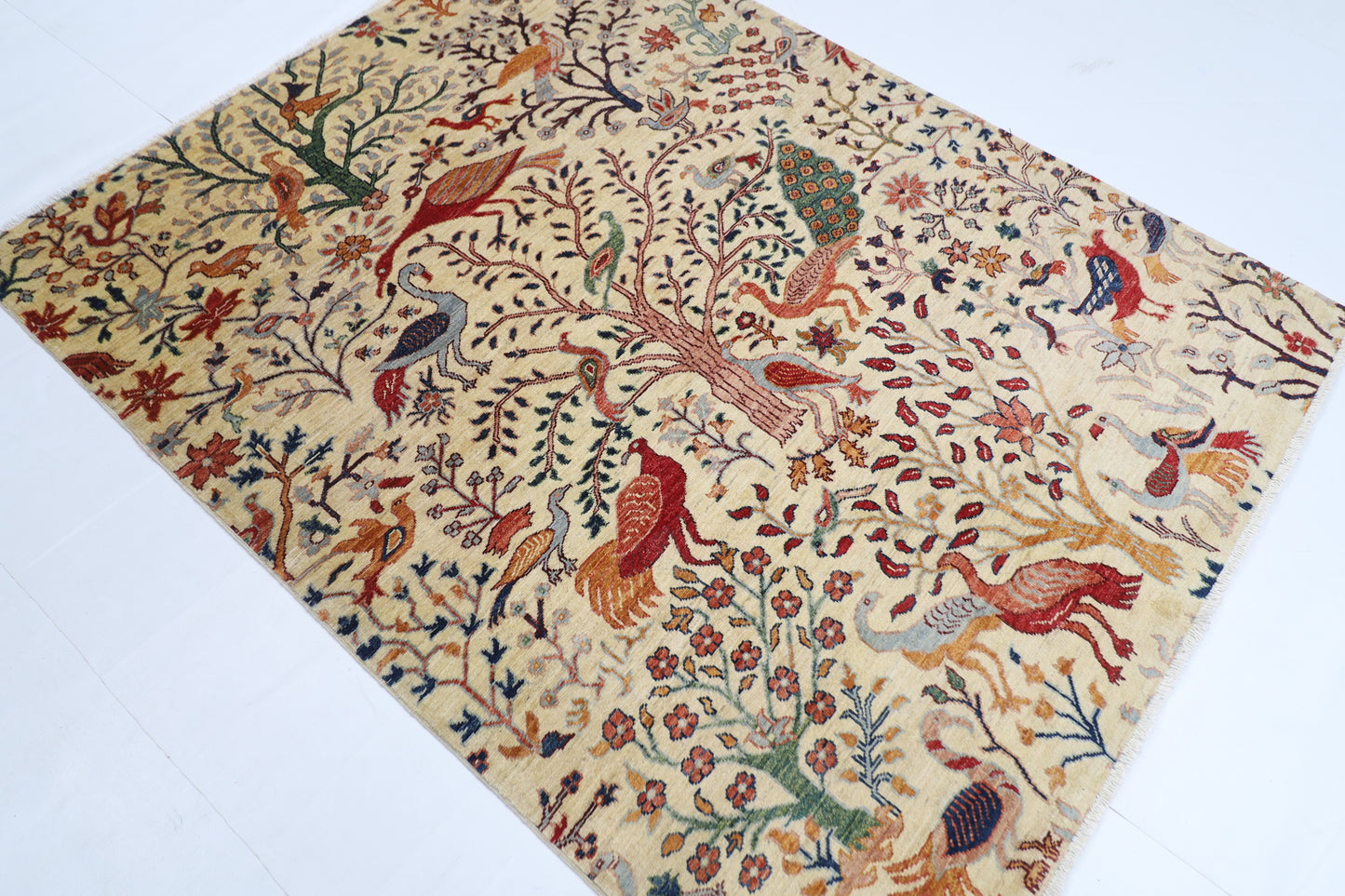 156 x 197 cm | Oriental Birds beige Afghan Tribal Hand Knotted Wool Carpet