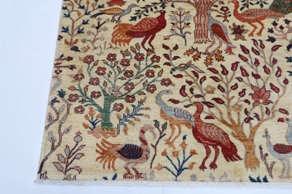156 x 197 cm | Oriental Birds beige Afghan Tribal Hand Knotted Wool Carpet