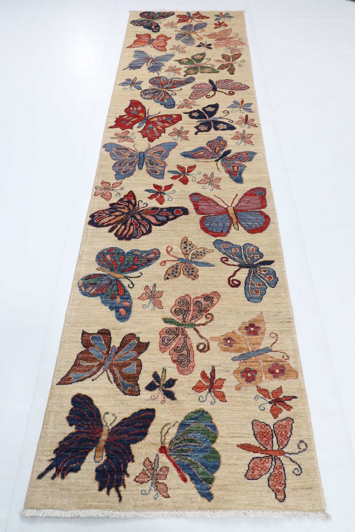 82 x 303 cm | Hand Knotted Runner Floral Butterfly Afghan Carpet