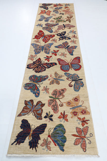 82 x 303 cm | Hand Knotted Runner Floral Butterfly Afghan Carpet