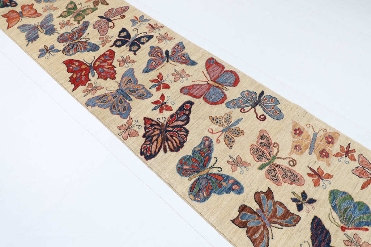 82 x 303 cm | Hand Knotted Runner Floral Butterfly Afghan Carpet