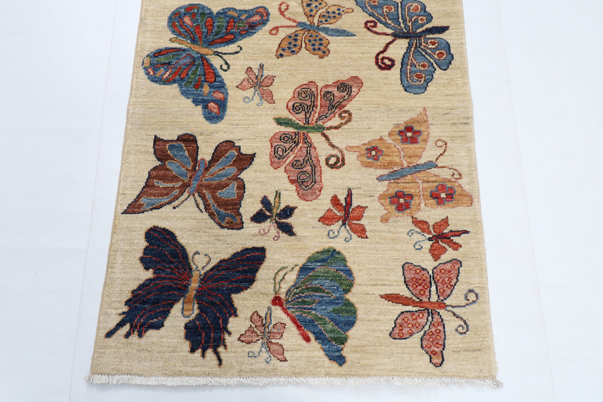 82 x 303 cm | Hand Knotted Runner Floral Butterfly Afghan Carpet