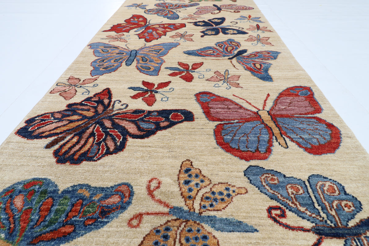 82 x 303 cm | Hand Knotted Runner Floral Butterfly Afghan Carpet