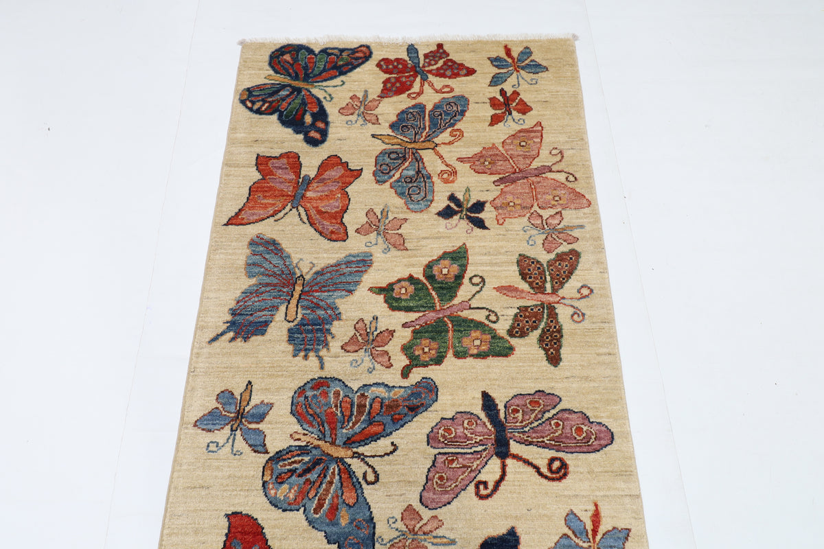 82 x 303 cm | Hand Knotted Runner Floral Butterfly Afghan Carpet