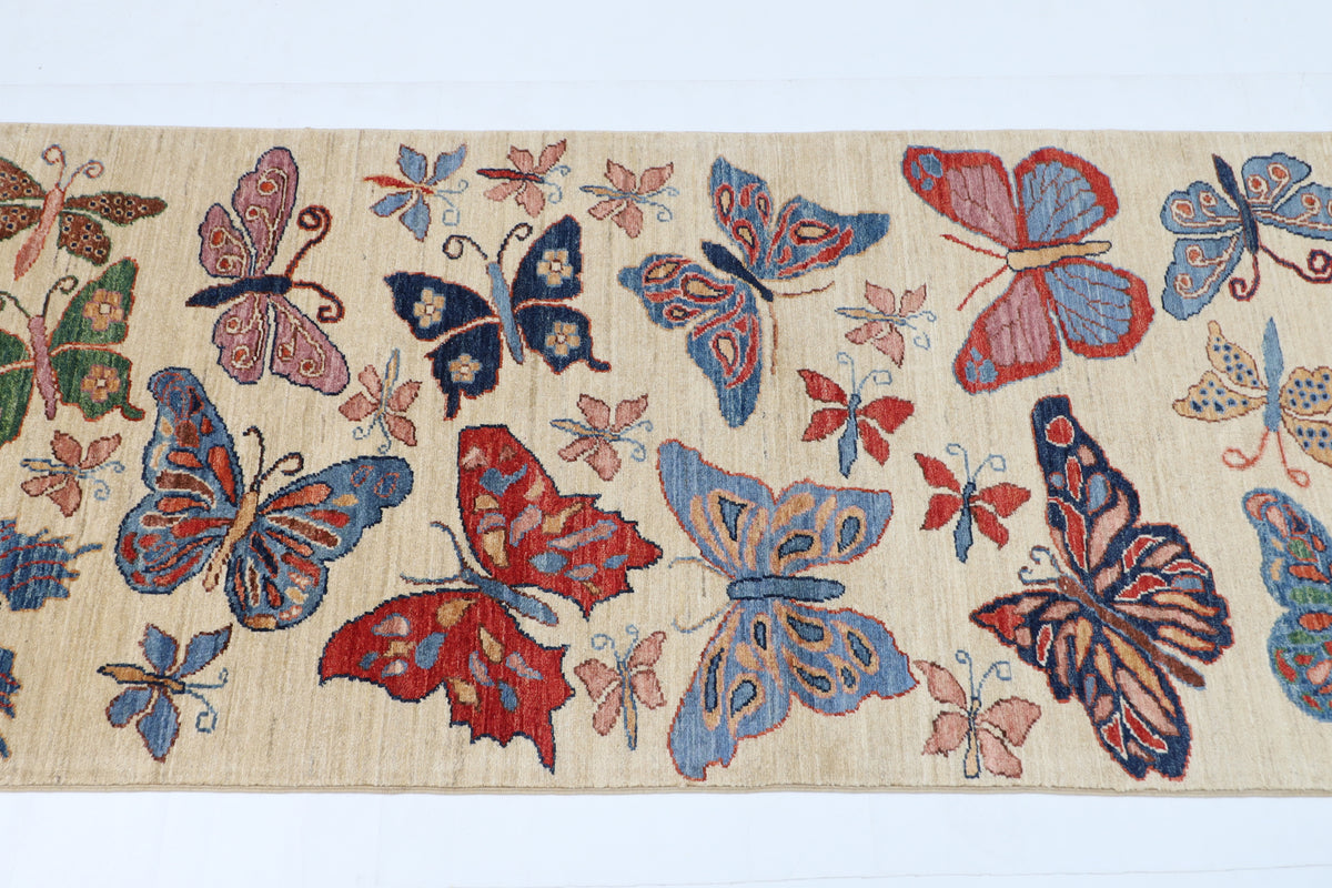 82 x 303 cm | Hand Knotted Runner Floral Butterfly Afghan Carpet