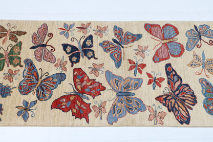 82 x 303 cm | Hand Knotted Runner Floral Butterfly Afghan Carpet