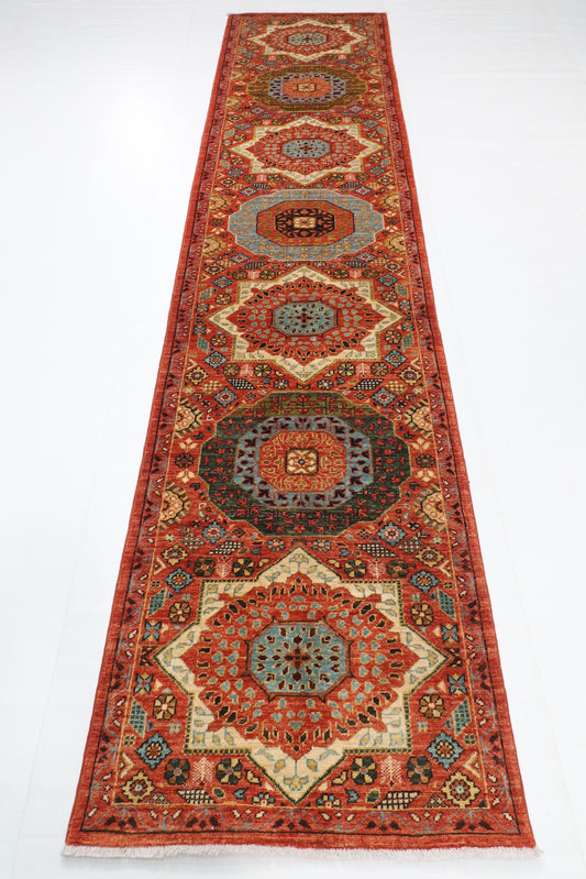 82 x 356 cm | Hand Knotted Runner Mamluk Orange Afghan Carpet