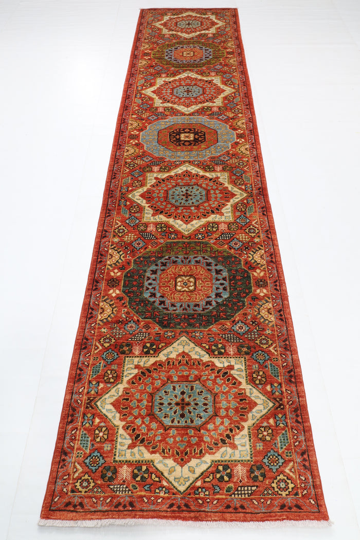 82 x 356 cm | Hand Knotted Runner Mamluk Orange Afghan Carpet