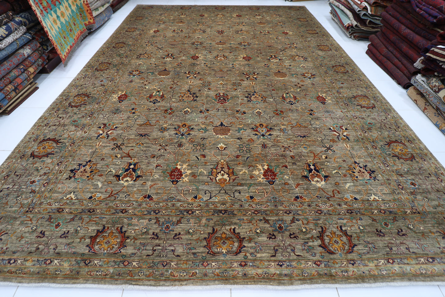 371 x 527 cm | Sultani Grey Afghan Hand Knotted Carpet Large Size Carpet
