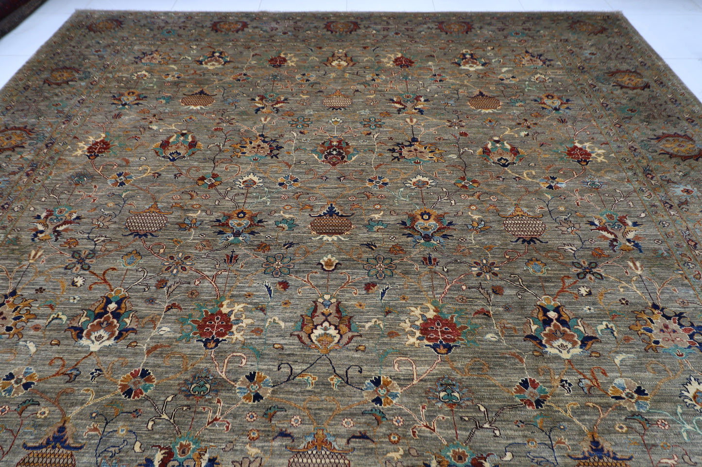 371 x 527 cm | Sultani Grey Afghan Hand Knotted Carpet Large Size Carpet