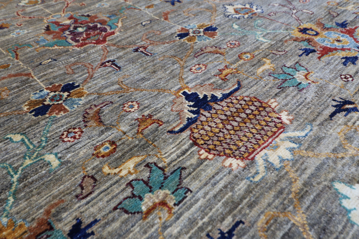 371 x 527 cm | Sultani Grey Afghan Hand Knotted Carpet Large Size Carpet