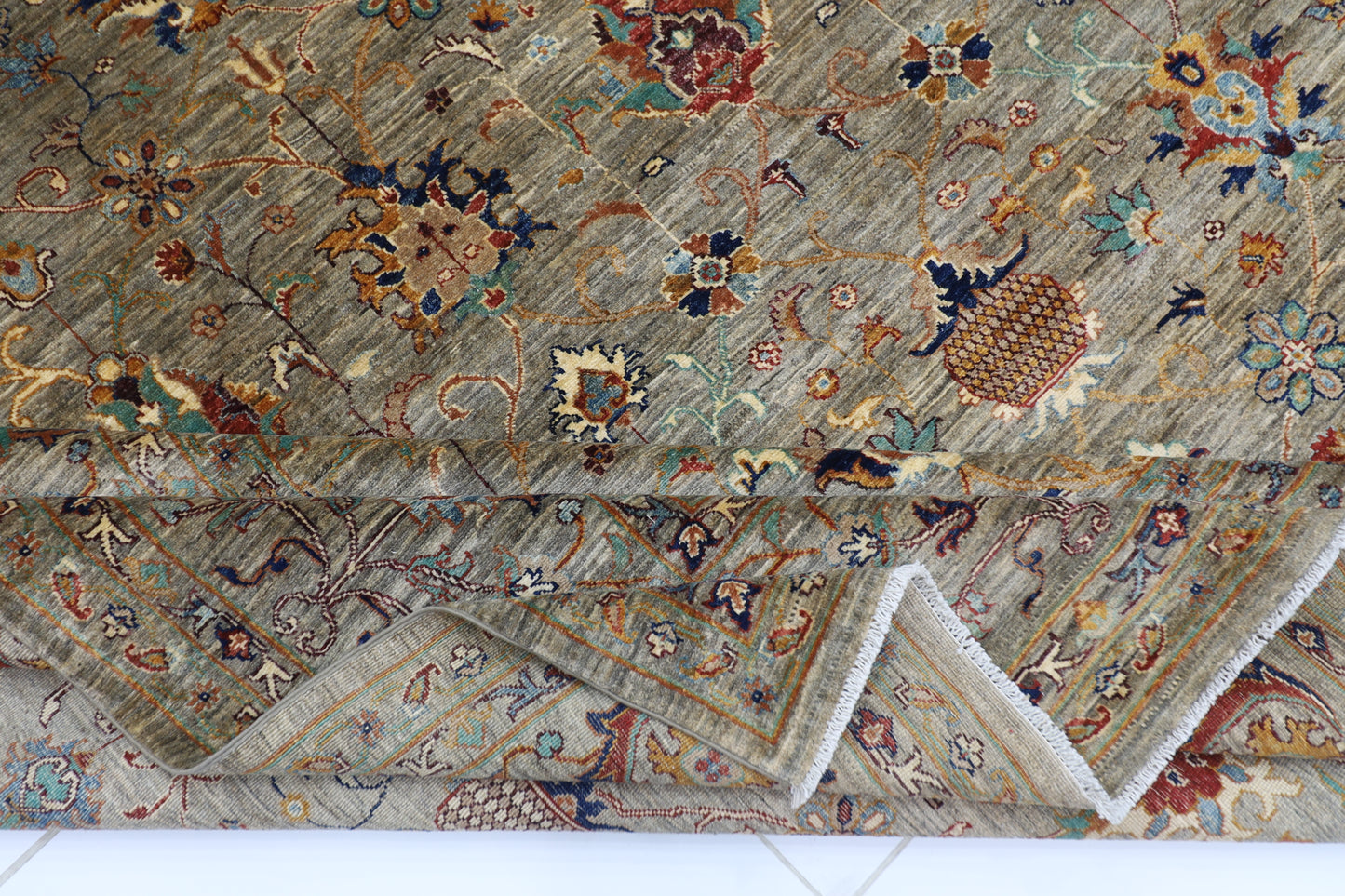 371 x 527 cm | Sultani Grey Afghan Hand Knotted Carpet Large Size Carpet
