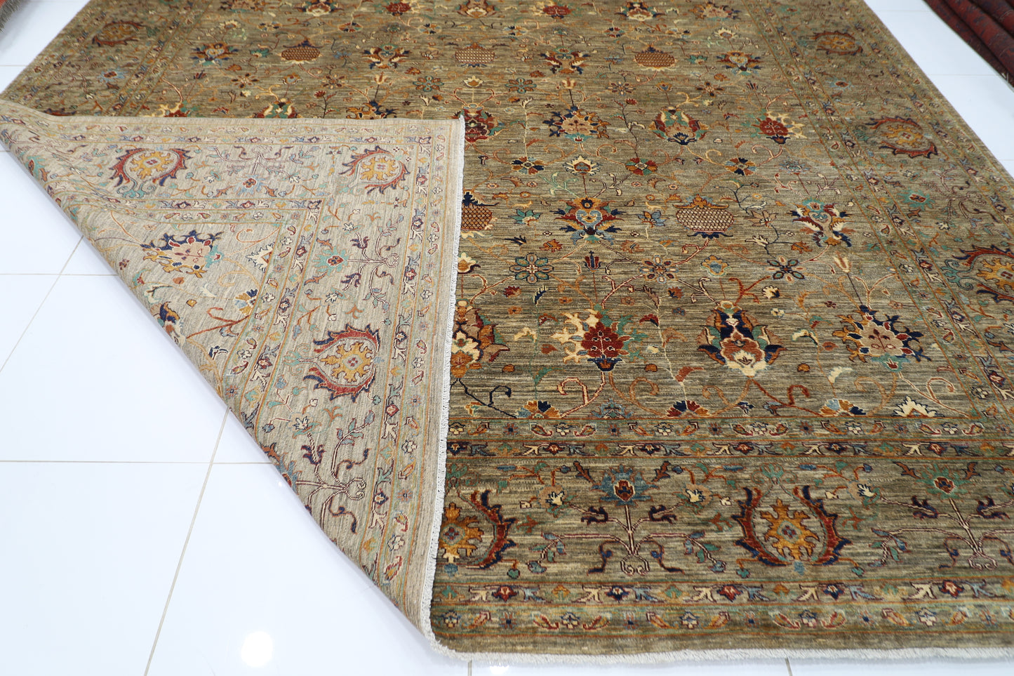 371 x 527 cm | Sultani Grey Afghan Hand Knotted Carpet Large Size Carpet