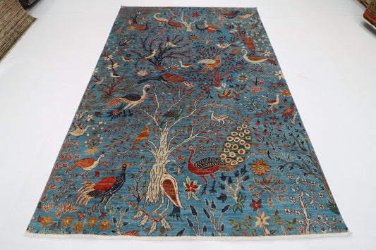 182 x 269 cm | Oriental tree of life Birds blue Afghan Tribal Hand Knotted Wool Carpet