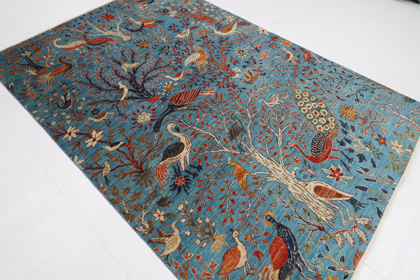 182 x 269 cm | Oriental tree of life Birds blue Afghan Tribal Hand Knotted Wool Carpet