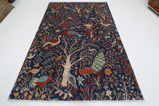 183 x 272 cm | Oriental Birds Blue Afghan Tribal Hand Knotted Wool Carpet