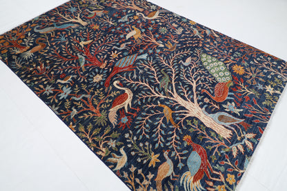 183 x 272 cm | Oriental Birds Blue Afghan Tribal Hand Knotted Wool Carpet