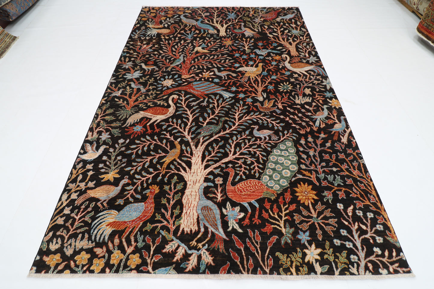 187 x 281 cm | Oriental Tree of life Birds Black Afghan Tribal Hand Knotted Wool Carpet