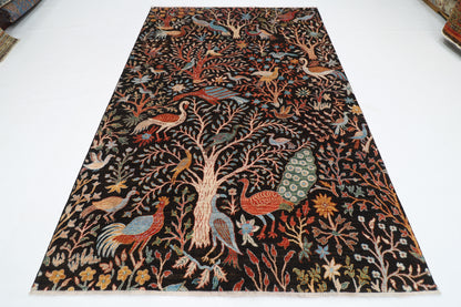 187 x 281 cm | Oriental Tree of life Birds Black Afghan Tribal Hand Knotted Wool Carpet