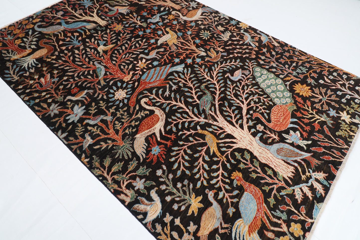 187 x 281 cm | Oriental Tree of life Birds Black Afghan Tribal Hand Knotted Wool Carpet