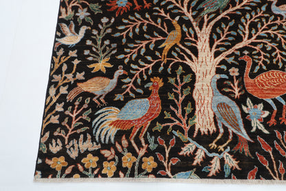 187 x 281 cm | Oriental Tree of life Birds Black Afghan Tribal Hand Knotted Wool Carpet