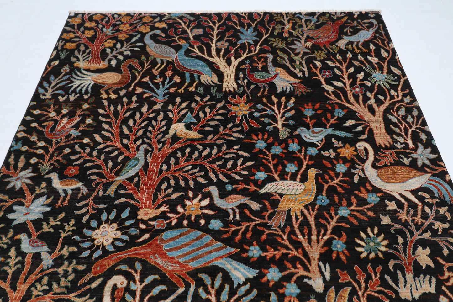 187 x 281 cm | Oriental Tree of life Birds Black Afghan Tribal Hand Knotted Wool Carpet