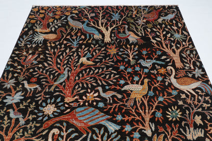 187 x 281 cm | Oriental Tree of life Birds Black Afghan Tribal Hand Knotted Wool Carpet