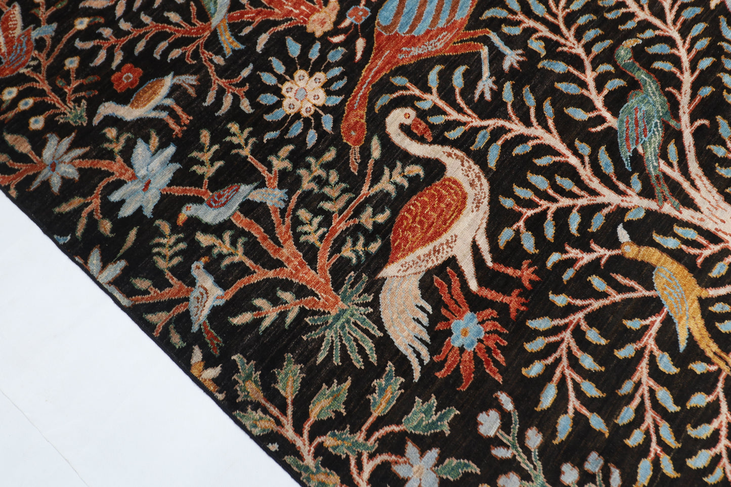 187 x 281 cm | Oriental Tree of life Birds Black Afghan Tribal Hand Knotted Wool Carpet