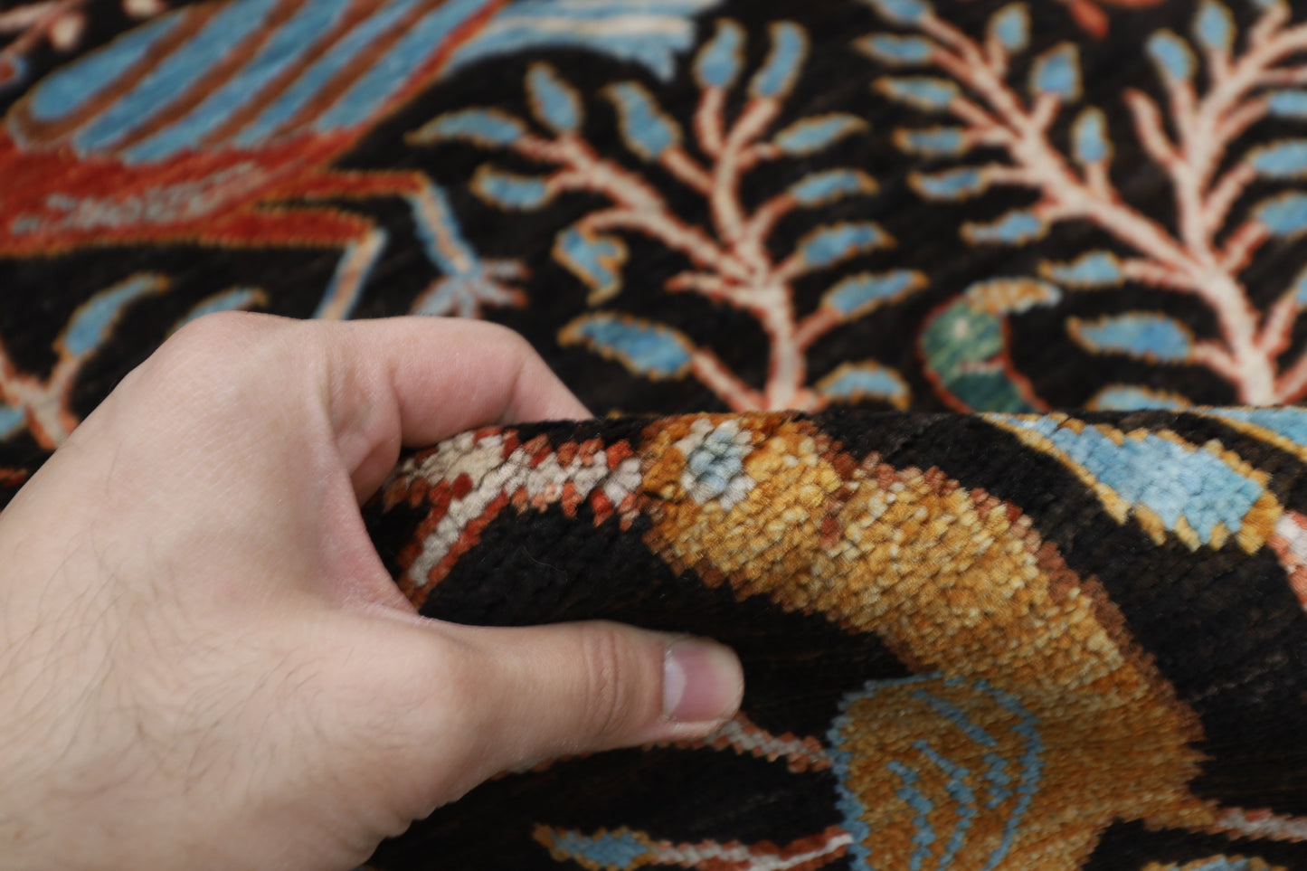 187 x 281 cm | Oriental Tree of life Birds Black Afghan Tribal Hand Knotted Wool Carpet