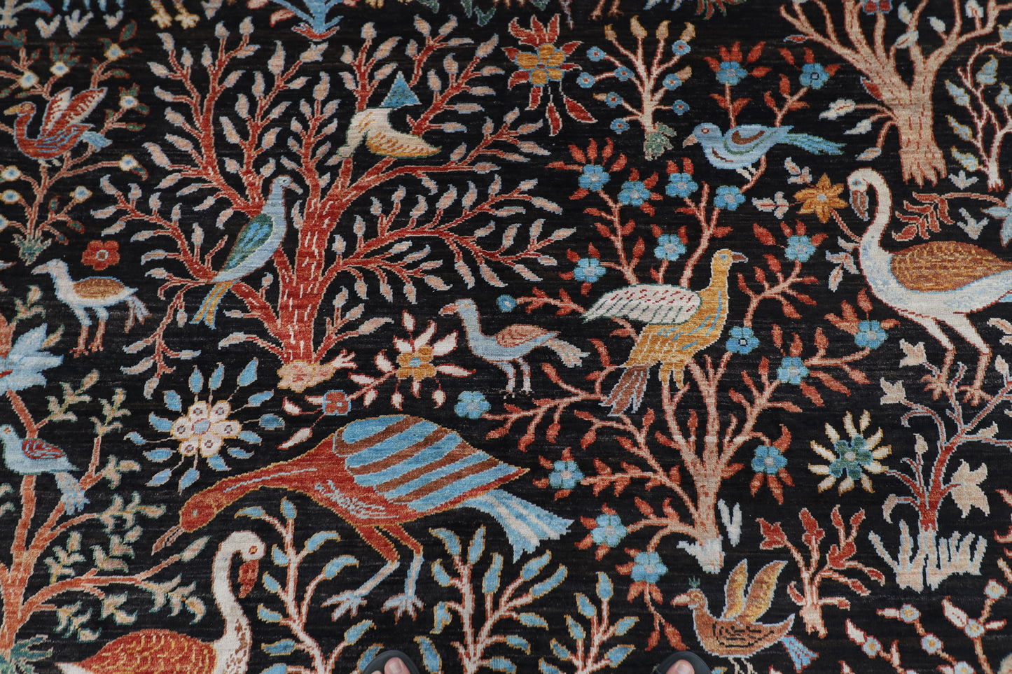 187 x 281 cm | Oriental Tree of life Birds Black Afghan Tribal Hand Knotted Wool Carpet