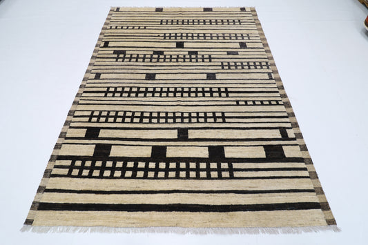 172 x 233 cm | Oriental Moroccan Style Beige Afghan Tribal Hand Knotted Wool Carpet