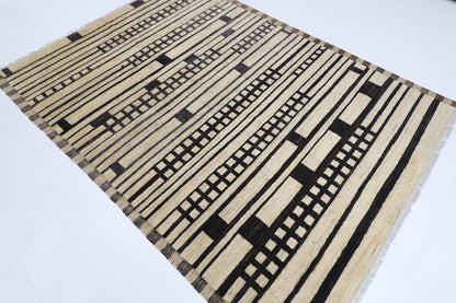 172 x 233 cm | Oriental Moroccan Style Beige Afghan Tribal Hand Knotted Wool Carpet