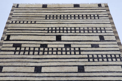 172 x 233 cm | Oriental Moroccan Style Beige Afghan Tribal Hand Knotted Wool Carpet