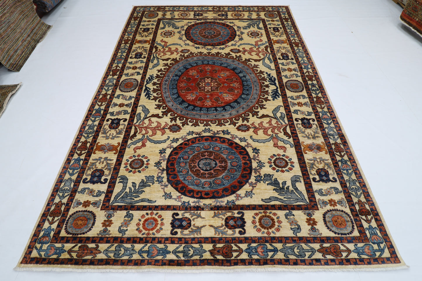 203 x 302 cm | Oriental Suzani beige Area Rug Afghan Tribal Hand Knotted Wool Carpet